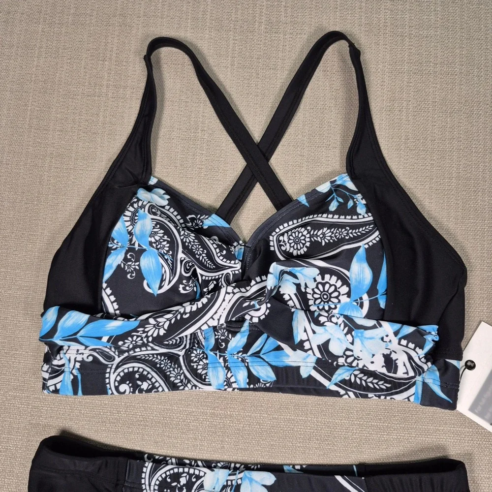 Hanna Nikole Womens Bikini Set Blue Paisley High Waisted Tummy Control New‎ M